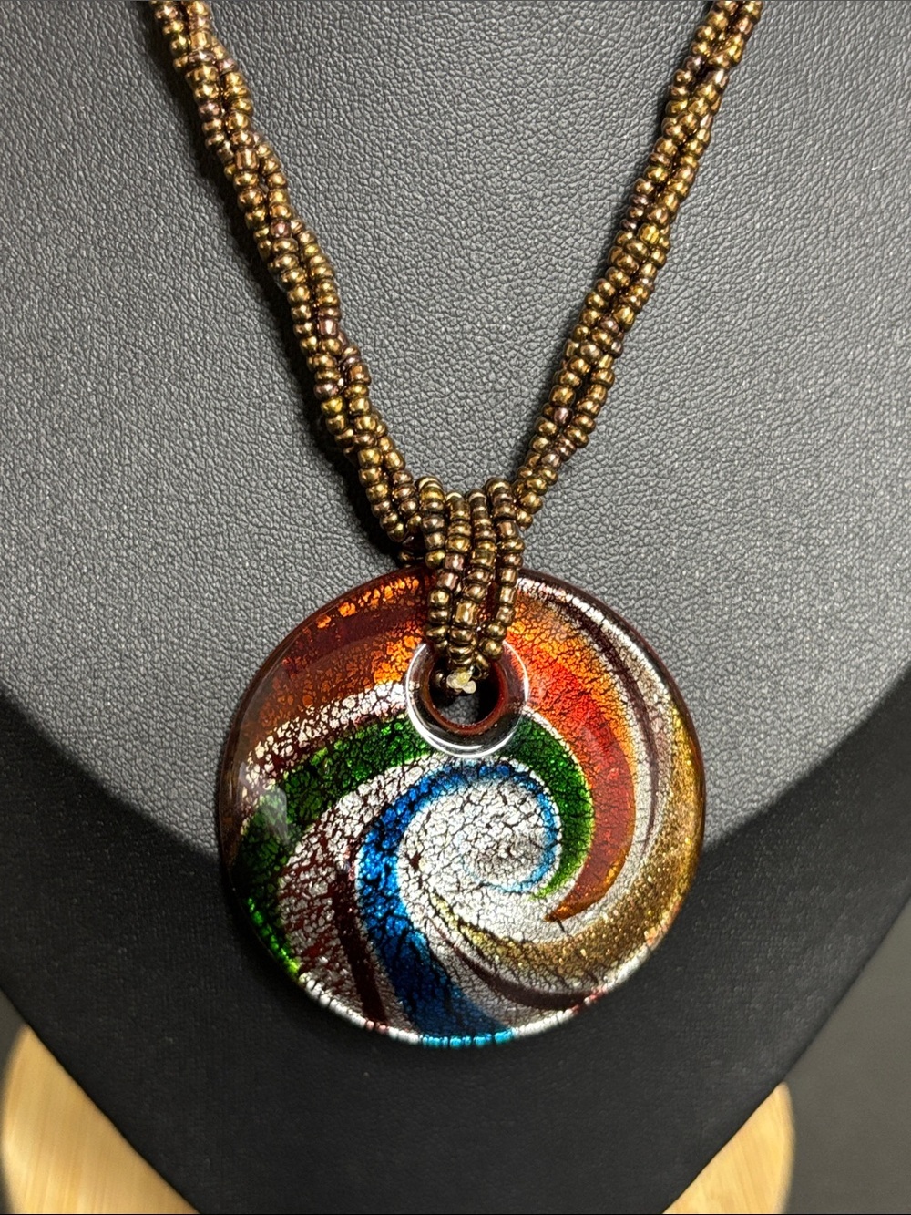 Vintage Multicolor Swirl Dichroic Glass Pendant Necklace Brown Beaded Strand - Picture 2 of 8